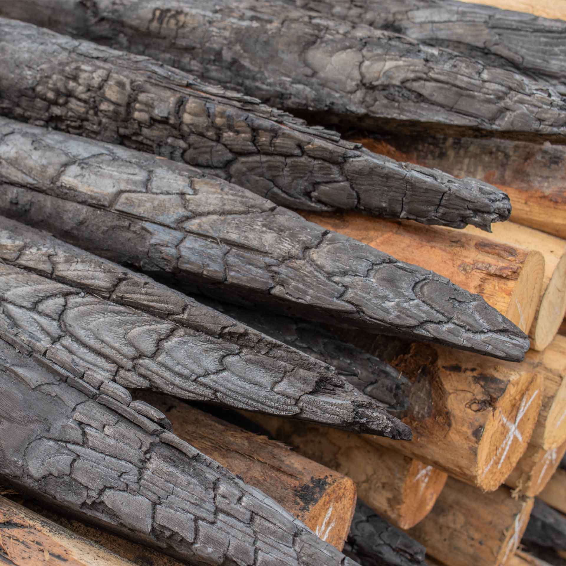 Yakisugi Pfähle, geflammt, aus Kastanie, 200 cm Länge, Durchmesser 6-8 cm